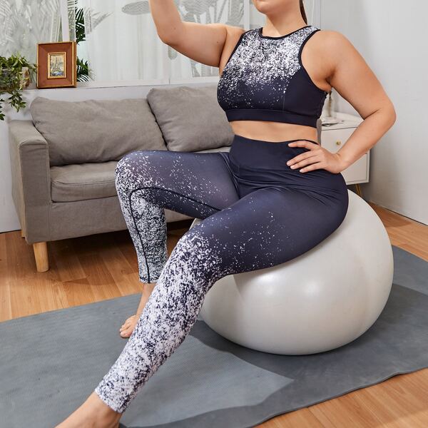 

Plus Graphic Racer Back Tank Top With Leggings, Navy blue
