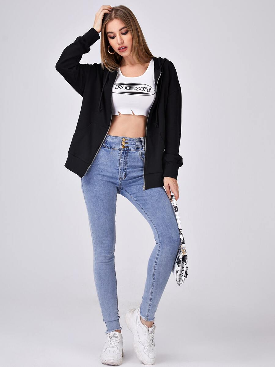 SHEIN BASICS 100% Cotton Terry Fleece Zip Up Pouch Pocket Drawstring Hoodie - Black - View 1