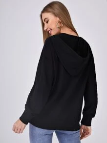 SHEIN BASICS 100% Cotton Terry Fleece Zip Up Pouch Pocket Drawstring Hoodie - Black - View 2