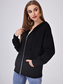 SHEIN BASICS 100% Cotton Terry Fleece Zip Up Pouch Pocket Drawstring Hoodie - Black - View 3