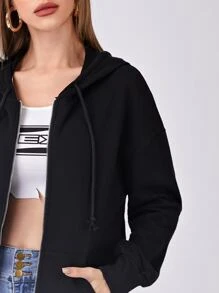 SHEIN BASICS 100% Cotton Terry Fleece Zip Up Pouch Pocket Drawstring Hoodie - Black - View 4