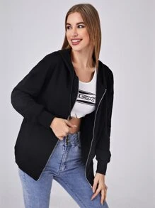 SHEIN BASICS 100% Cotton Terry Fleece Zip Up Pouch Pocket Drawstring Hoodie - Black - View 5