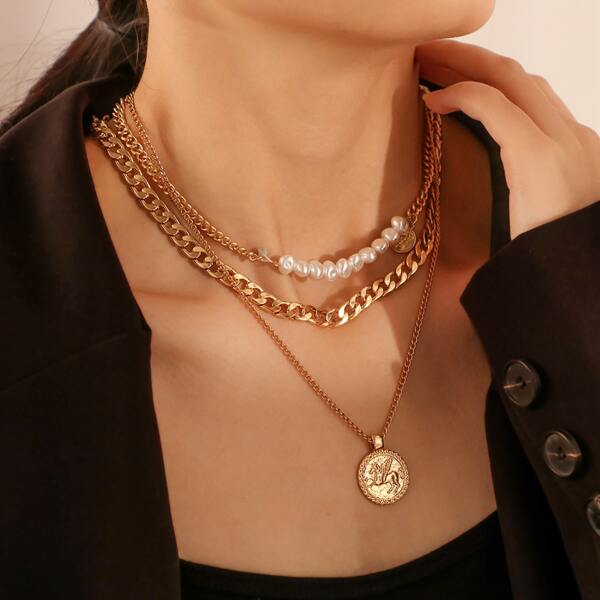 

3pcs Coin Charm Layered Necklace, Gold