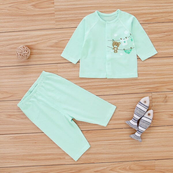 

Baby Unisex Button Front Raglan Sleeve Top & Pants Set, Mint green