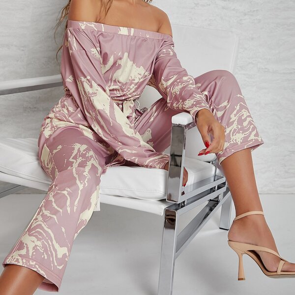 

Marble Tie-Dye Off-the-Shoulder Belted Jumpsuit, Multicolor
