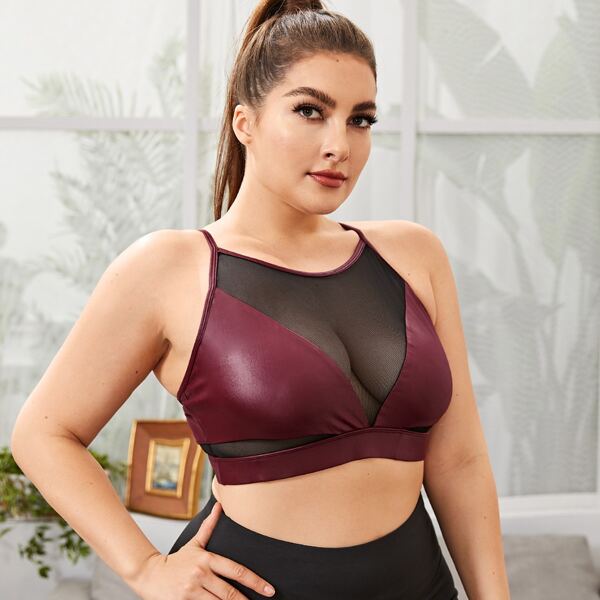 

Plus Medium Support Contrast Mesh Sports Bra, Multicolor