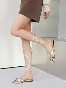 Metallic Lace Up Sandals - Silver - View 6