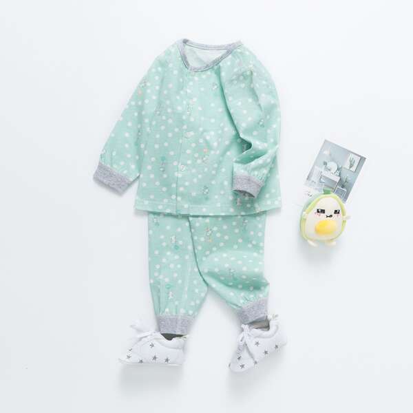 

Baby Unisex Button Front Polka Dot & Cartoon Graphic Top And Shorts Set, Pastel mint green