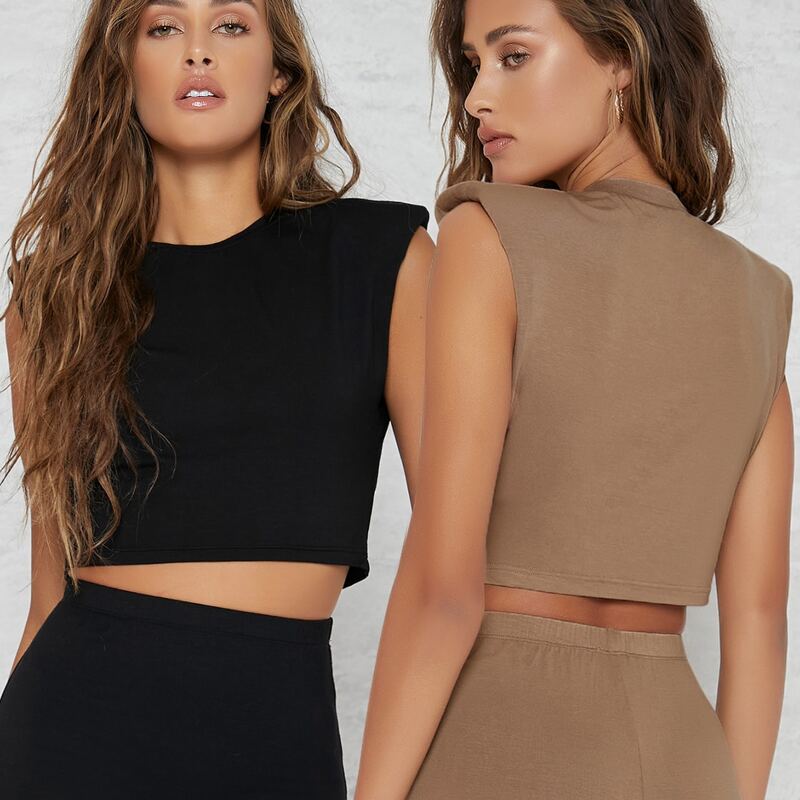 

Padded Shoulders Cropped Tank Top Set - 2pcs, Multicolor
