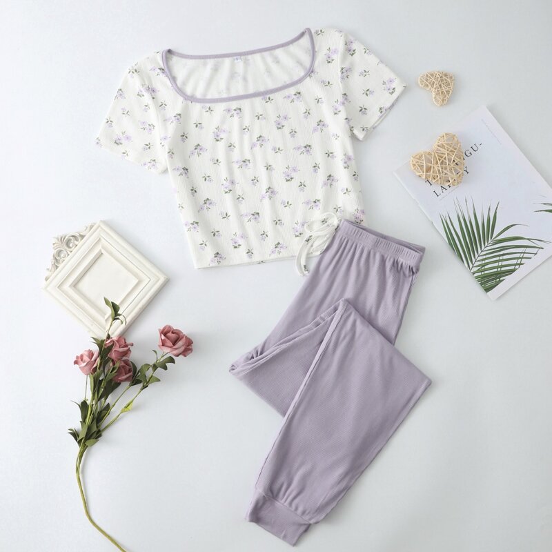

Ditsy Floral Knot Front Pajama Set, Multicolor