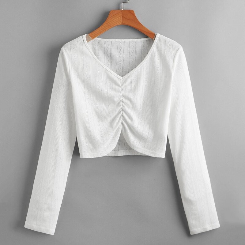 

Ruched Front Long Sleeve Pointelle Crop Tee, White