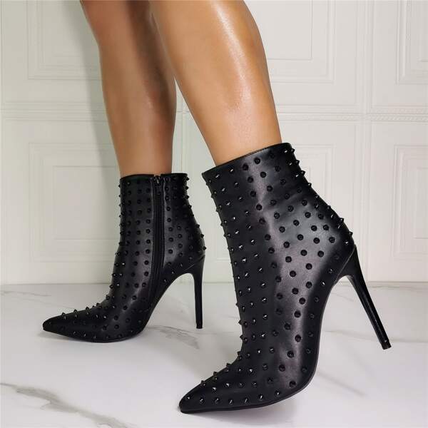 

Point Toe Spiked Decor Stiletto Heeled Boots, Black