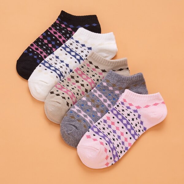 

5pairs Geo Print Ankle Socks, Multicolor
