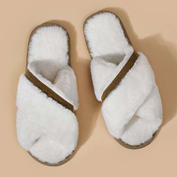 

Fluffy Cross Strap Bedroom Slippers, Beige