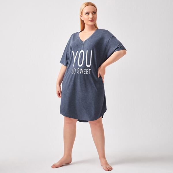 

Plus V-neck Slogan Graphic Nightdress, Navy blue