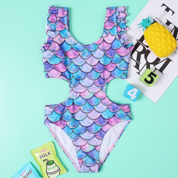 

Girls Fish Scales One Piece Swimsuit, Multicolor