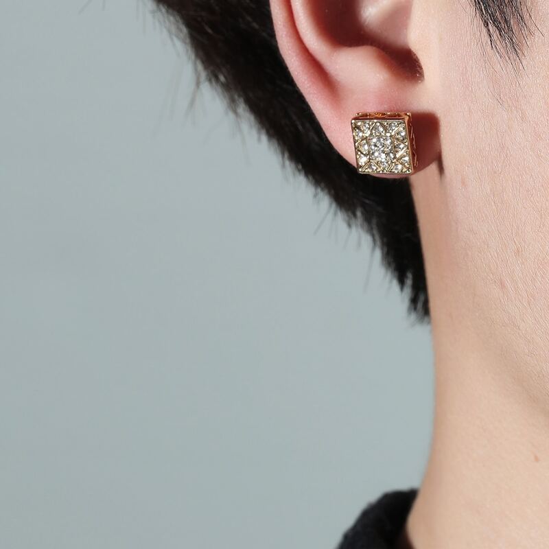 

1pair Guys Rhinestone Square Design Stud Earrings, Gold