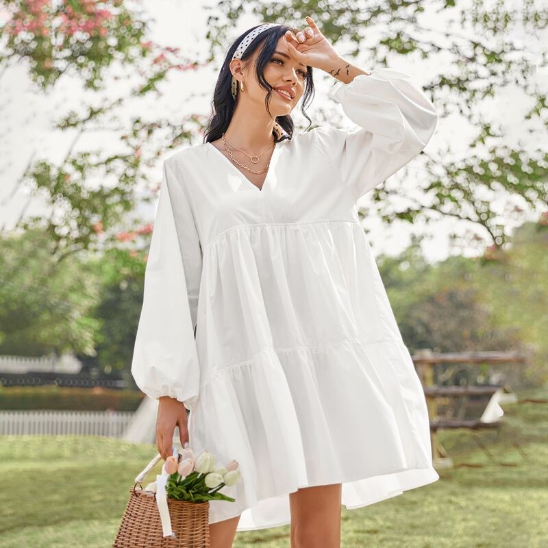 

Solid V-neck Smock Dress, White