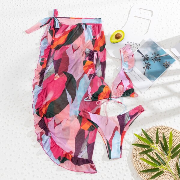 

3pack Allover Graphic Ruffle Bikini Swimsuit & Beach Skirt, Multicolor