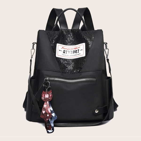 

Sequins Decor Zip Front School Bag, Black