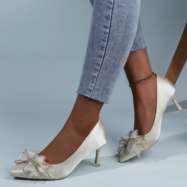 

Rhinestone & Bow Mid Heeled Court Pumps, Beige