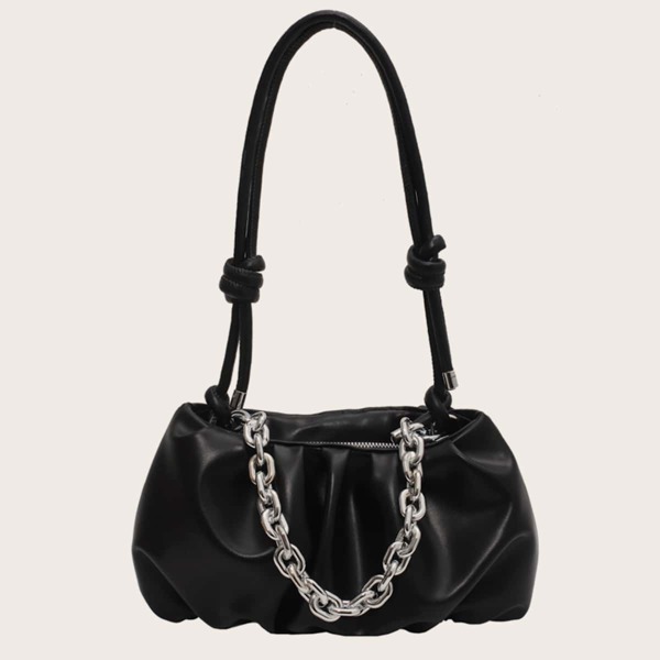 

Chain Decor Ruched Baguette Bag, Black