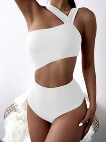 Cut-Out Waist One Piece Swimsuit, For Summer Beach Vacation - White - View 1