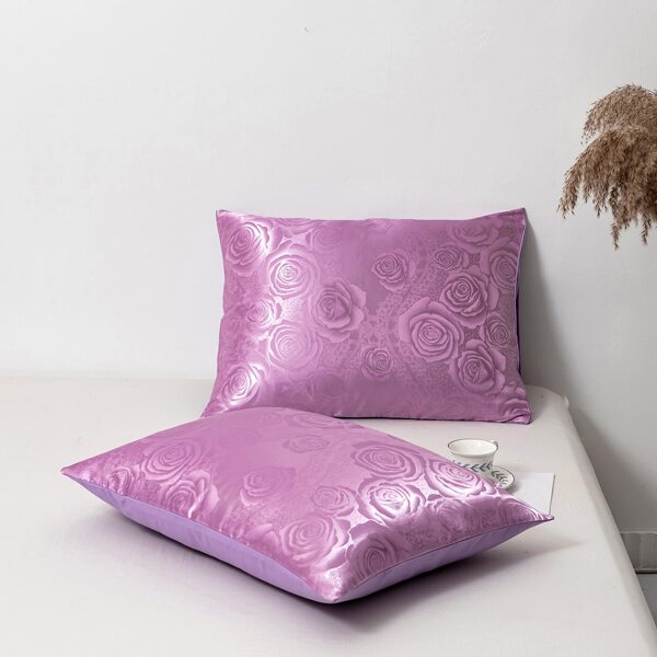 

1pc Rose Print Pillowcase Without Filler, Purple