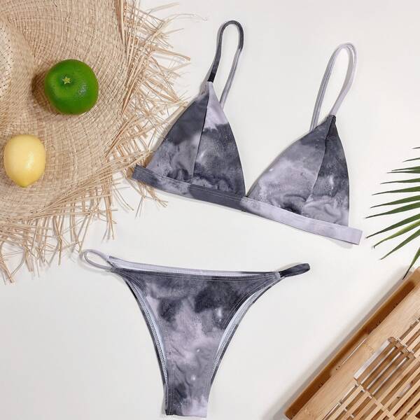 

Tie Dye Triangle Thong Bikini Swimsuit, Grey