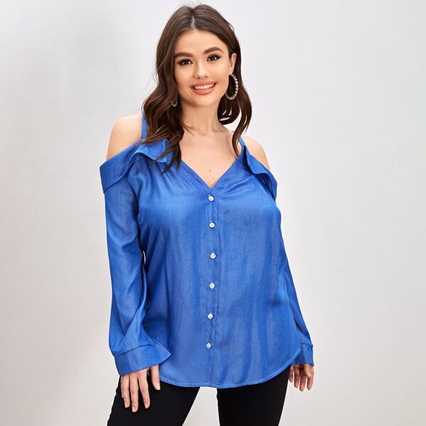 

Plus Cold Shoulder Button Up Denim Top, Medium wash