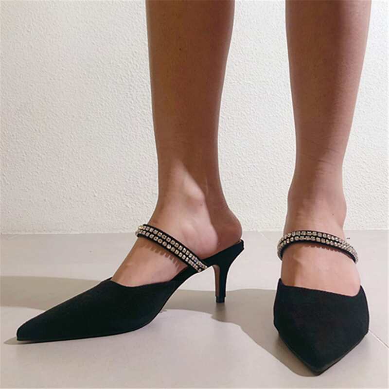 

Rhinestone Decor Mid Heeled Mule Heels, Black