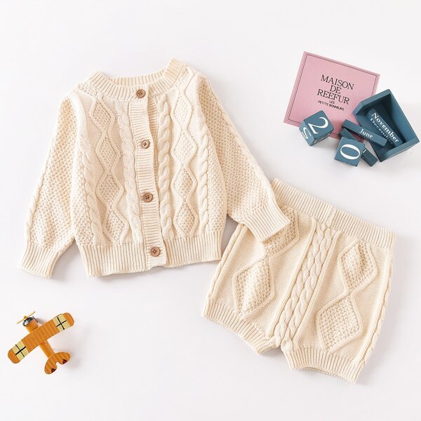 

Toddler Girls Cable Knit Button Front Cardigan With Knit Shorts, Beige