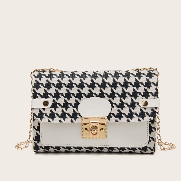

Twist Lock Houndstooth Pattern Chain Bag, Black and white