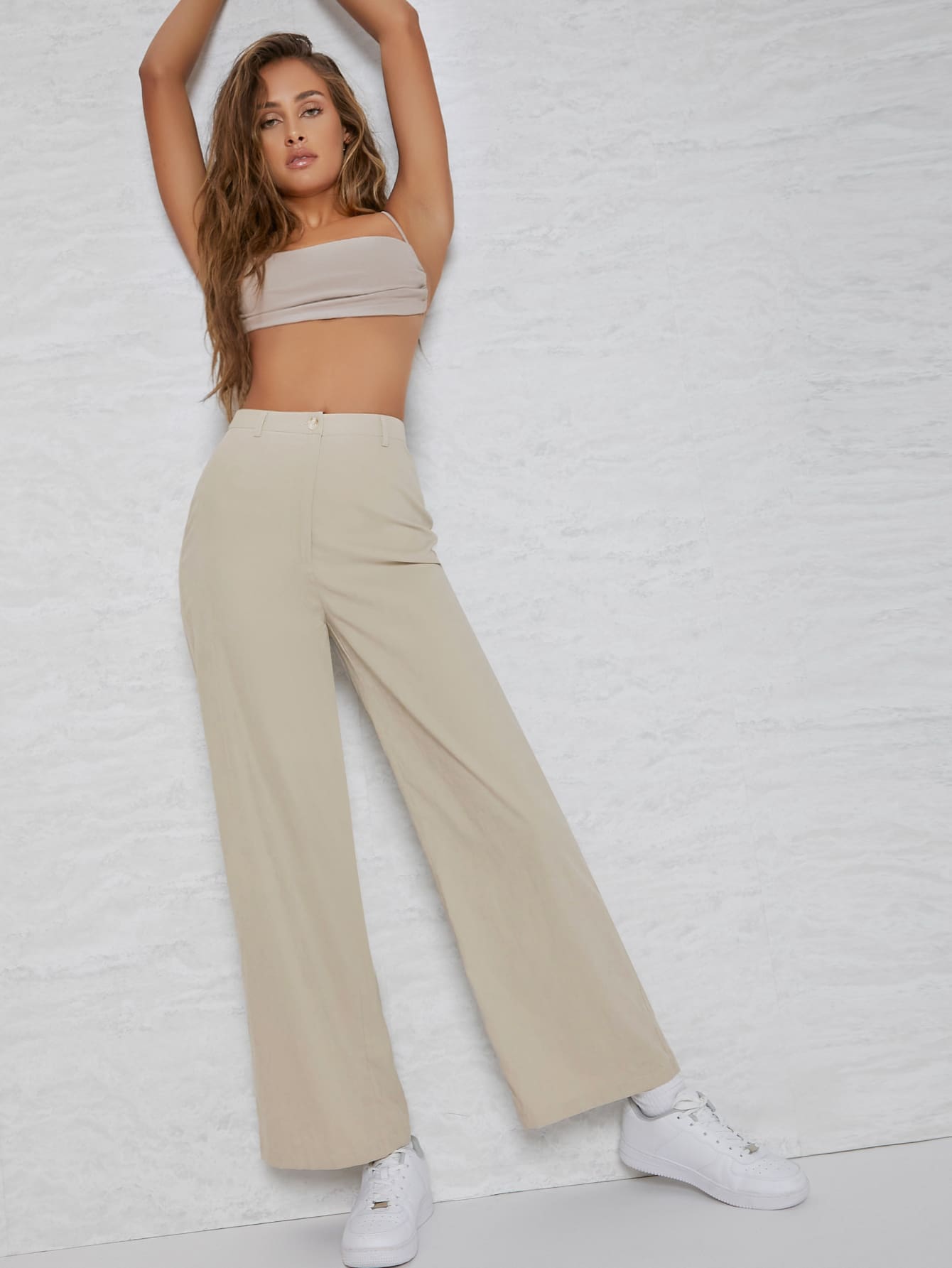 SHEIN Essnce High Waisted Wide-Leg Khaki Trousers - Khaki - View 5