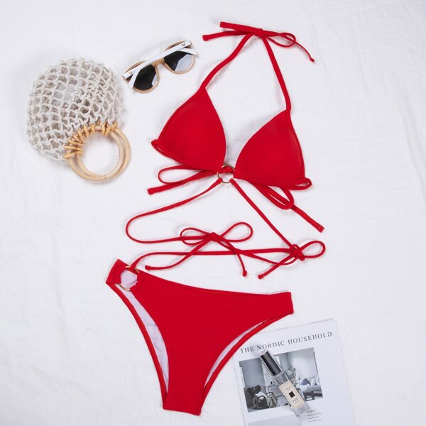 

Ring Linked Halter Bikini Swimsuit, Red