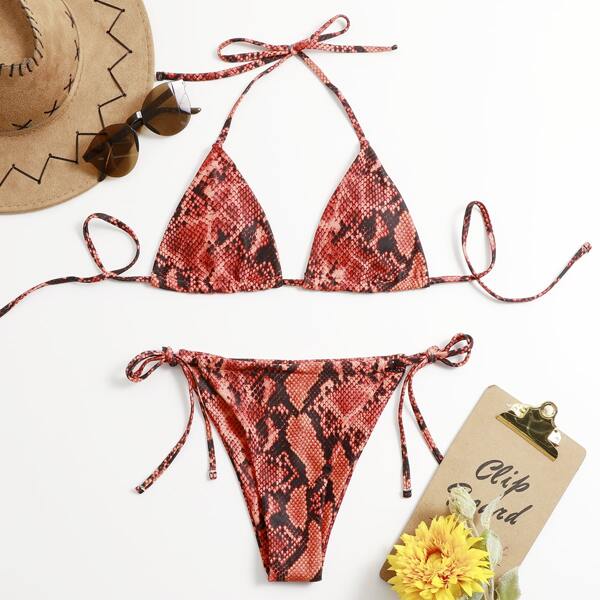 

Snakeskin Halter Tie Side Bikini Swimsuit, Multicolor