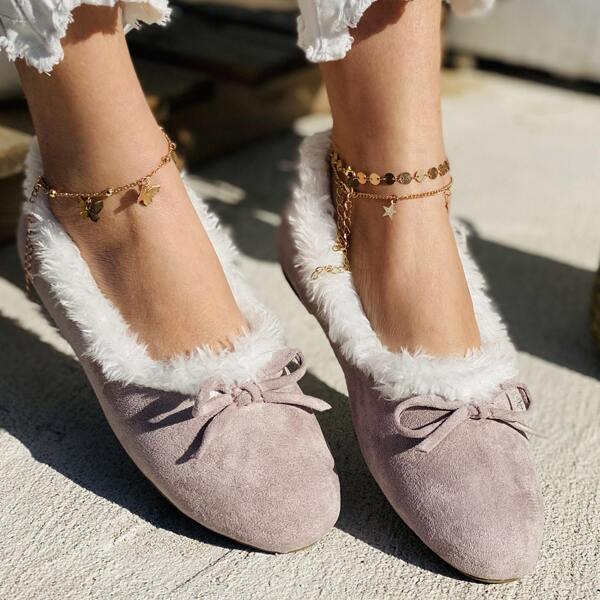 

Bow & Faux Fur Decor Wide Fit Flats, Mauve purple