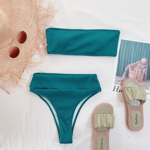

Rib Bandeau High Waisted Bikini Swimsuit, Teal blue
