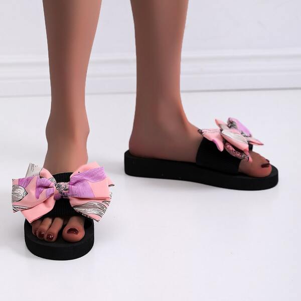 

Bow Decor Thick Sole Slides, Pink