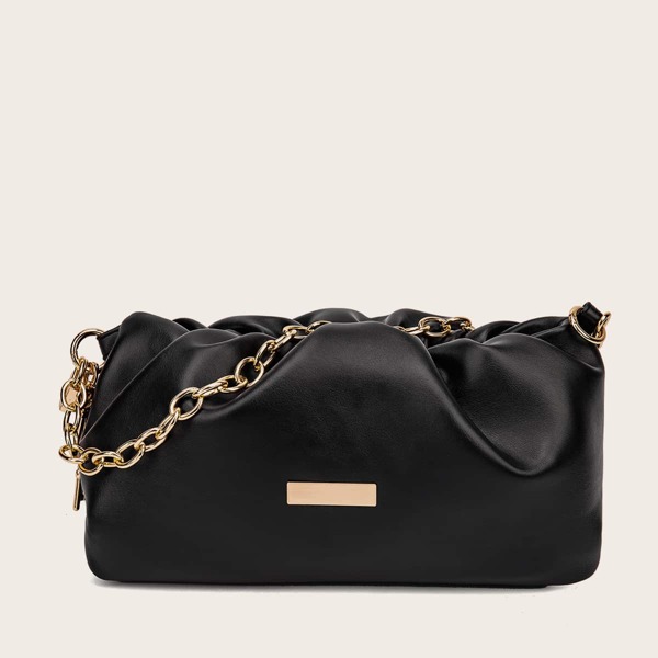 

Metal Decor Chain Ruched Bag, Black
