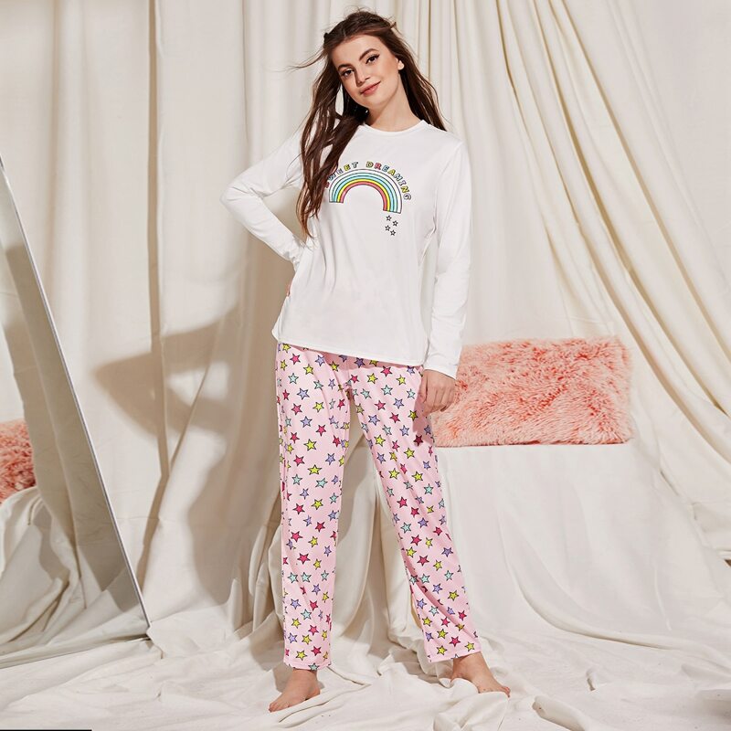 

Letter And Colorful Star Print Pajama Set, Multicolor