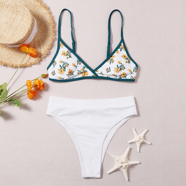 

Floral Random Print Rib Bikini Swimsuit, White