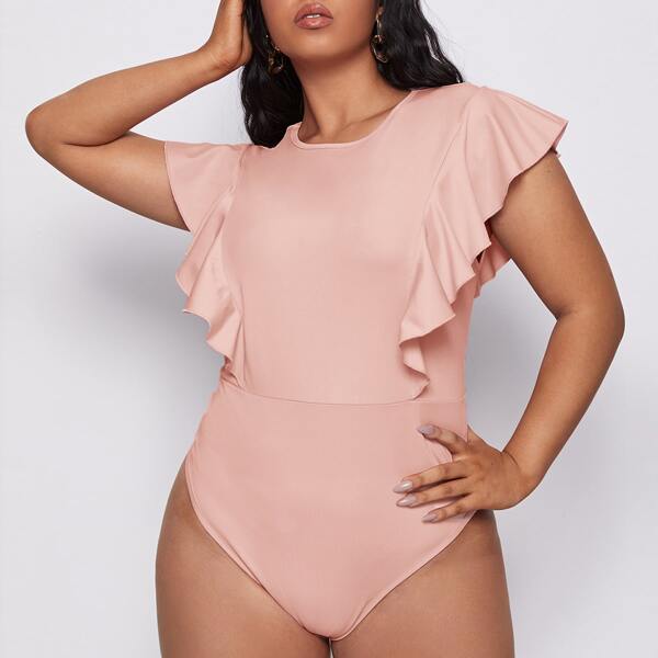 

Plus Ruffle Trim Solid Bodysuit, Coral pink