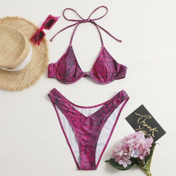 

Snakeskin Print Underwire High Cut Bikini Swimsuit, Hot pink