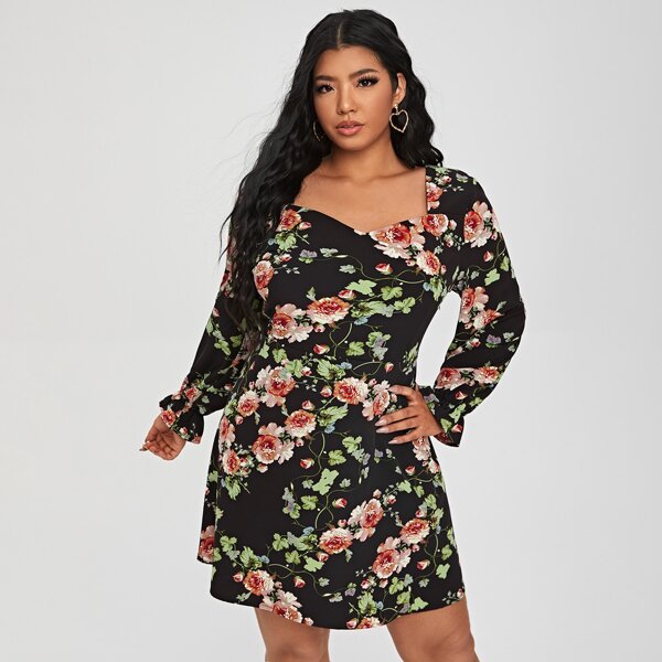 

Plus Allover Floral Print Flounce Sleeve Dress, Multicolor