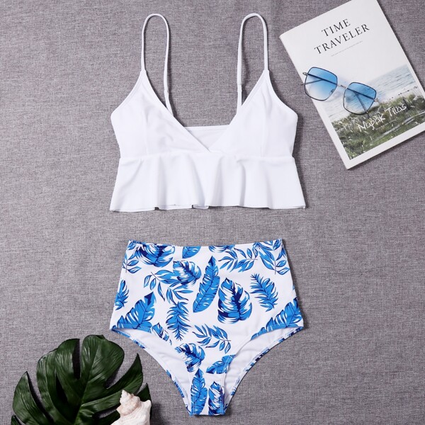 

Leaf Print Ruffle Hem High Waisted Bikini Swimsuit, Blue and white