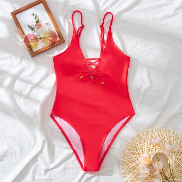 

Neon Pink Lace-up One Piece Swimsuit, Pink neon
