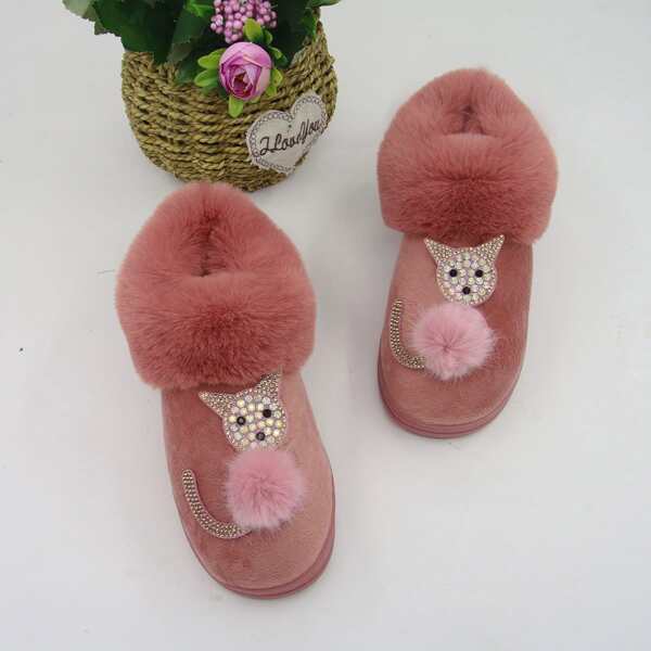 

Rhinestone & Faux Pearl Decor Fluffy Slippers, Dusty pink