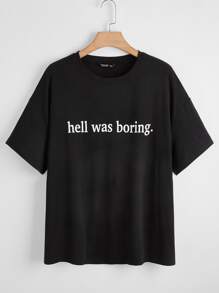 Flirla Plus Slogan Graphic Drop Shoulder Tee  Was Boring - Black - View 1