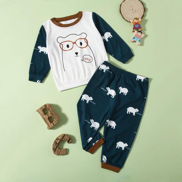 

Baby Boy Cartoon & Letter Graphic Sweatshirt With Sweatpants, Blue and white